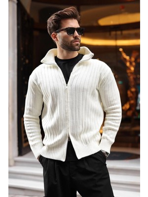 Madmext Kemik Rengi Çift Fermuarlı Slim Fit Çizgili Erkek Triko Hırka E7522