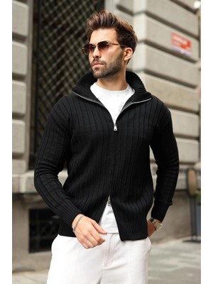 Madmext Siyah Çift Fermuarlı Slim Fit Çizgili Erkek Triko Hırka E7522
