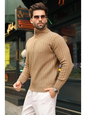 Madmext Vizon Çift Fermuarlı Slim Fit Çizgili Erkek Triko Hırka E7522