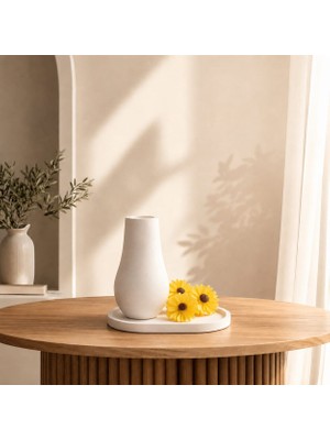 3'lü Modern Set Seramik Görünümlü Mutfak Bahçe Dekorasyonu Için Şık Tabaklı Minimal Ev Dekorasyon Çiceklik Papatya Figürlü Vazo 18 cm - Minimal ve Zarif Vazo Modeli
