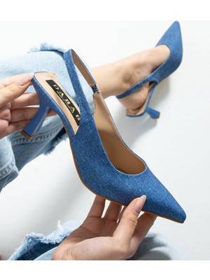 Dabab Shoes Cino Kadın Mavi Kot Sade Düz Arkası Açık 7cm Abiye Topuklu Ayakkabı