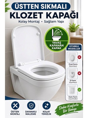Primeaks Kare Form Klozet Kapağı 35X43 cm Soft Close Yavaş Kapanır Üstten Sıkmalı