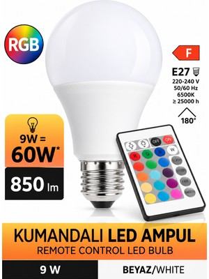 Gözde Aydınlatma Kumandalı Rgb LED Ampul 9W | 60W Eşdeğer Güç | 850 Lümen E27 Duy | Uzaktan Kumandalı Renkli Aydınlatma | Ev Oda Salon Ofis Için Pratik Kontrollü LED Ampul | Rgb Işık Seçenekli Aydınlatma Rgb LED Ampul