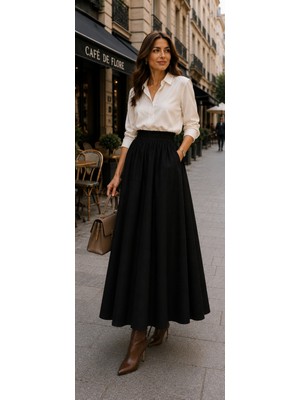Seldağ Moda Gabardin Gizli Cepli Beli Lastikli 95 cm Boy Maxi Kloş Etek