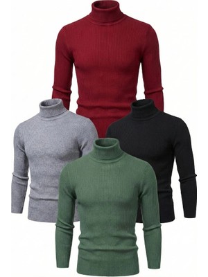 Zenviaa Erkek Kaşkorse Boğazlı Likralı Fitilli Slim Fit Body 4'lü Set Siyah-Bordo-Gri-Haki Zenv