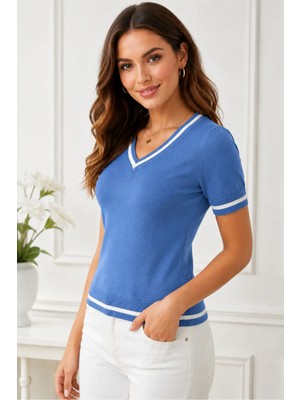 AQE FASHION Kadın V Yaka Kısa Kollu Beyaz Şerit Detaylı Pamuklu Trend Hafif Indigo Triko Bluz