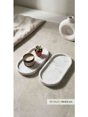2'li Seramik Taş Tozu Dekoratif Oval Tepsi Seti (18X9.5 Cm) - Banyo, Takı ve Anahtarlık Sunumluğu / Tepsi