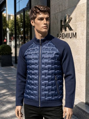 Erkek Mont Daire Baskı Örme Triko %100 Polyester Dik Yaka Ceket