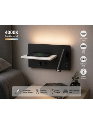SeckinStore Kablosuz Şarjlı ve USB / Type-C Portlu Duvar Apliği - 9W 4000K Doğal Beyaz LED Okuma Lambası
