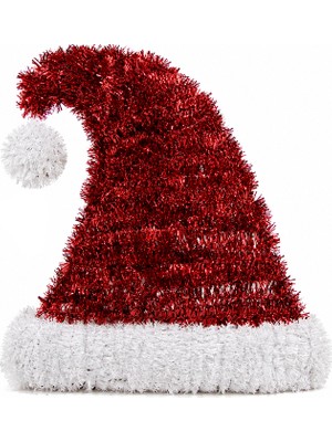 Dekorsende Yılbaşı Süsü Simli Şerit Parlak Noel Şapkası Kırmızı Beyaz 45 cm