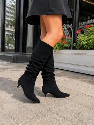 Asmi Shoes Kadın OSLO Topuklu Körüklü Şık Tarz Günlük Rahat Çizme  Siyah Süet