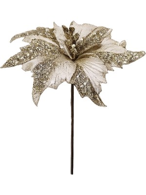 Dekorsende Yılbaşı Süsü Ponsetya Simli Şampanya 32 cm