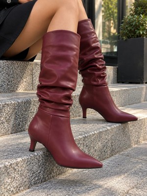 Asmi Shoes Kadın Oslo Bordo Topuklu Körüklü Şık Tarz Günlük Rahat Çizme