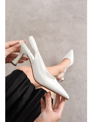 Dabab Shoes Kadın Beyaz Cilt Sade Arkası Açık Sivri Burun Ince Topuklu Ayakkabı