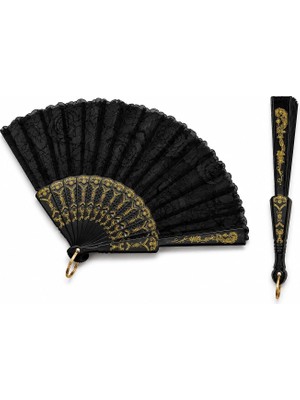 Brf Store Elivorasell Siyah ve Altın Desenli Katlanır El Yelpazesi 23×43 cm Hafif Dayanıklı Dekoratif Taşınabi