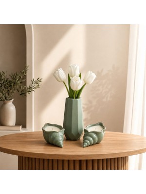 3 Parça Yeşil Dekoratif Bohem Set ( Vazo ve 2 Adet Istiridye Mum ) Oda Balkon Banyo Ofis Süsü