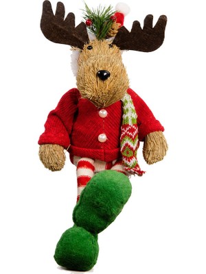 Dekorsende Yılbaşı Süsü Oturan Geyik Figürü Kırmızı Yeşil 25 cm