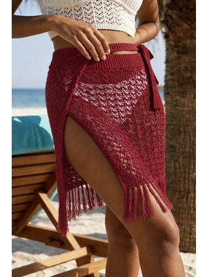 AQE FASHION Kadın Triko Pareo Plaj Etek Bordo Ayarlanabilir Bağlamalı Örgü Desenli Püsküllü Yırtmaçlı Pamuklu
