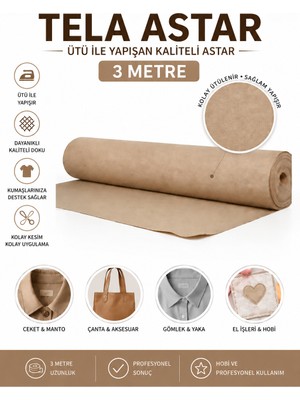 Dünya Sünger 3 Metre Tela Astar – Ütü ile Yapışan Kumaş Destekleyici Tela, Dayanıklı Astar Tela, Kolay Kesilebilir Dikiş Terzilik Çanta Yaka ve Hobi Kumaş Destek Malzemesi