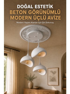 Beton Görünümlü 3’lü Sarkıt Avize – Toz Tutmayan Bio Yapı Modern Tavan Lambası (E27 Ampul Içerir)