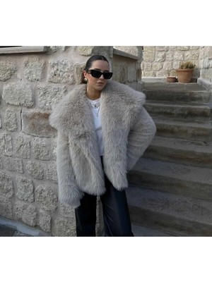 Moda Durağı Taş Rengi Içi Astarlı Premium Kaliteli  Kürk Taş