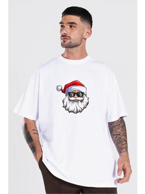3 Yılbaşı Gözlüklü Noel Baba Baskılı Kısa Kollu Oversize Bisiklet Yaka T-Shirt - Beyaz