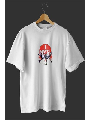3 1 Mayıs Emek ve Dayanışma Günü Baskılı Oversize Bisiklet Yaka T-Shirt - Beyaz