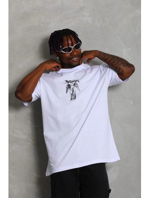 3 Oversize Baskılı Bisiklet Yaka T-Shirt - Beyaz -