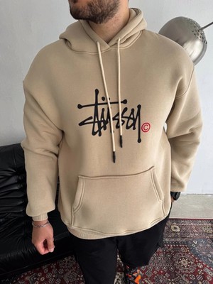 3 Üç Iplik Kapşonlu Baskılı Sweatshirt - Bej