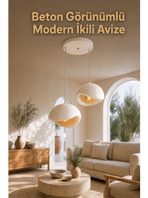 Trezon 2'li Beton Görünümlü Sarkıt Avize, Modern Bohem Tasarım,E27 Beyaz LED Ampul Hediyeli