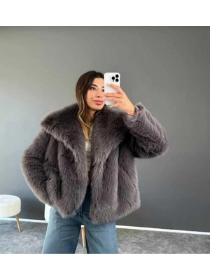 Moda Durağı Taş Rengi Içi Astarlı Premium Kaliteli  Kürk Antrasit