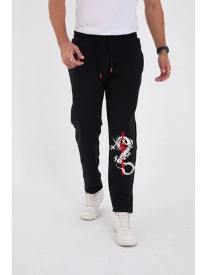 3 Kışlık Üç Iplik Baskılı Eşofman Pantolon - Siyah