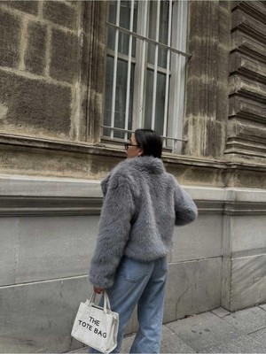 Moda Durağı Kadın Yeni Sezon Şal Yaka Oversize Kürk Gri