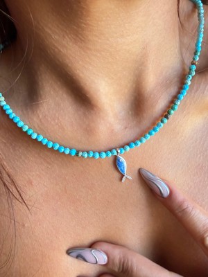 Aida Jewelss Gümüş Kilitli 3mm Fased Kesim Doğal Firuze Taşlı Kolye Gümüş Balıklı Kolye