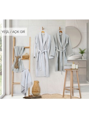 İyi Geceler İstanbul Iyi Geceler Istanbul Soft Linen Aile Bornoz Seti - Yeşil - Açık Gri