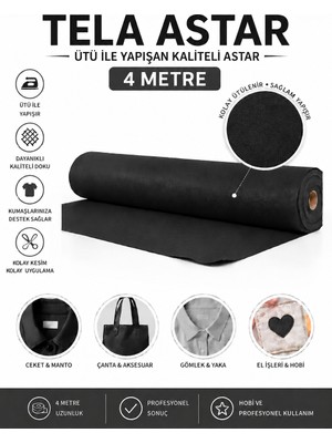 Dünya Sünger 4 Metre Siyah Tela Astar – Ütü ile Yapışan Kumaş Destekleyici Tela, Dayanıklı Dikiş ve Terzilik Telası, Yaka Çanta Aksesuar El Işi ve Hobi Için