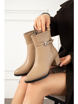 Dabab Shoes Astraya Kadın Bej Tokalı Topuklu Kısa Konç Şık Kışlık Bot Bootie
