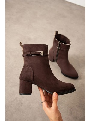 Dabab Shoes Lunara Kadın Kahve Süet Tokalı Topuklu Kısa Konç Bot Bootie