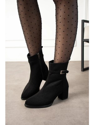 Dabab Shoes Lunara Kadın Siyah Süet Tokalı Topuklu Kısa Konç Bot Bootie