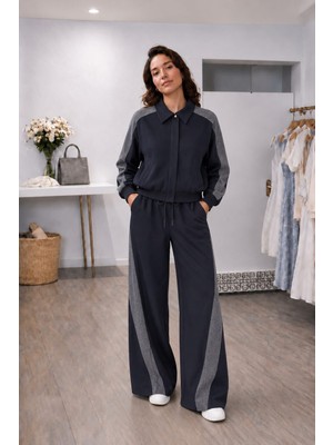 Mare Butik Lacivert Gri Garnili Bomber Ceketli Pantolon Takım L