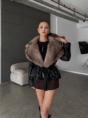 Moda Durağı Yeni Sezon Ithal Deri Jakar Lolita Kemer Detaylı Kürk Gri