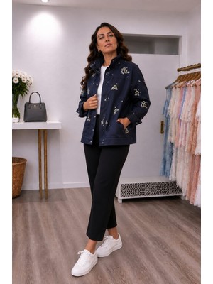 Mare Butik Lacivert Taş Işlemeli Ince Kot Ceket S