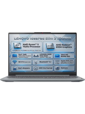 Brf Store Nerimu Lenovo Ideapad Slim 3 15AMN8 | Amd Ryzen 5 7520U | Integrated Amd Radeon 610M Graphics | 15.6