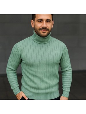 Mythrıva  Erkek Balıkcı Yaka Bağazlı Triko Kazak Pamuklu Kalın Fitilli Dokuma, Regular Fit Uzun Kollu Kışlık Model - Mint Yeşili