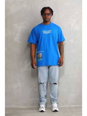 Mythrıva  Unisex Bisiklet Yaka Baskılı Oversize T-Shirt - Mavi