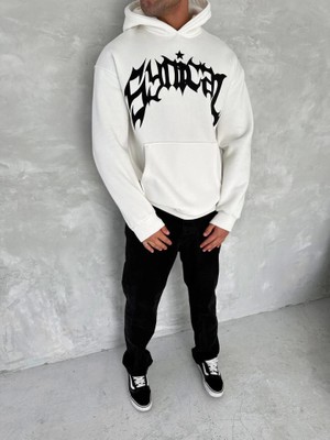 Mythrıva  Unisex Üç Iplik Kapşonlu Baskılı Sweatshirt - Beyaz