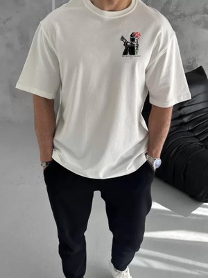 Mythrıva  Unisex Bisiklet Yaka Baskılı Oversize T-Shirt - Beyaz