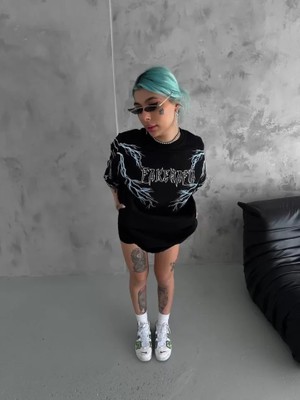 Mythrıva  Unisex Bisiklet Yaka Baskılı Oversize T-Shirt - Siyah