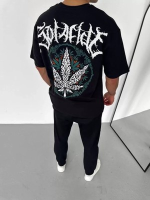 Mythrıva  Unisex Bisiklet Yaka Baskılı Oversize T-Shirt - Siyah