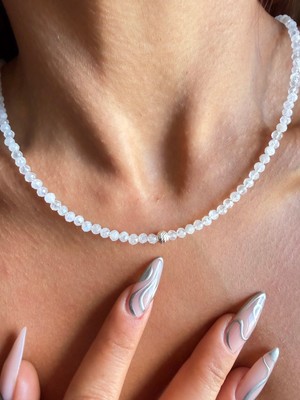 Aida Jewelss Gümüş Kilitli 3mm Ay Taşı Kolye Gmüş Toplu Doğaltaş Kolye